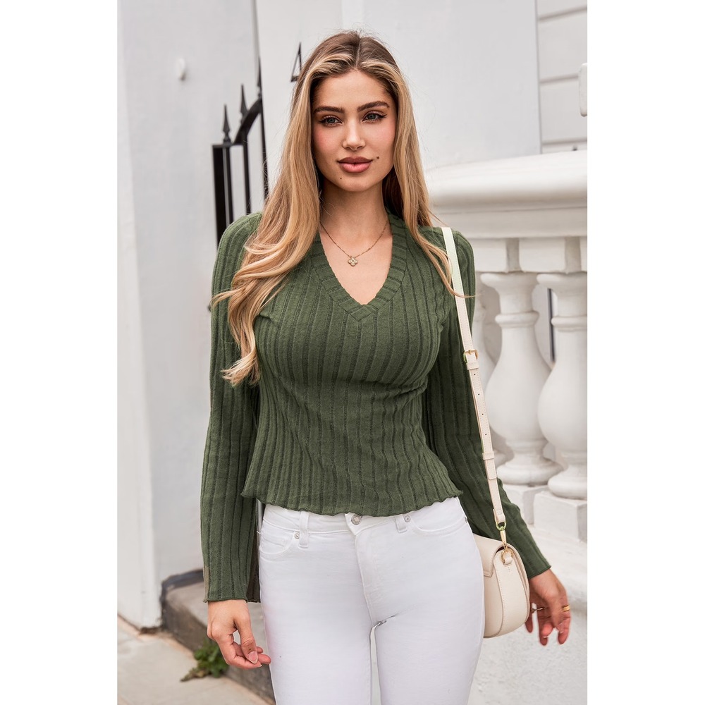 Olive Green Ribbed V-Neck Bell Sleeve Knit Top Size M